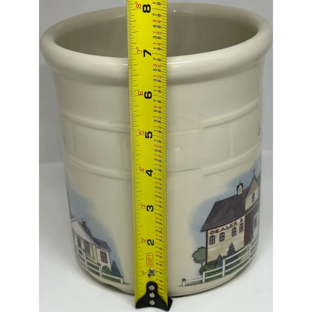 Longaberger Homestead Pottery Crock Utensil Jar Cream Village Scene 7 Inch